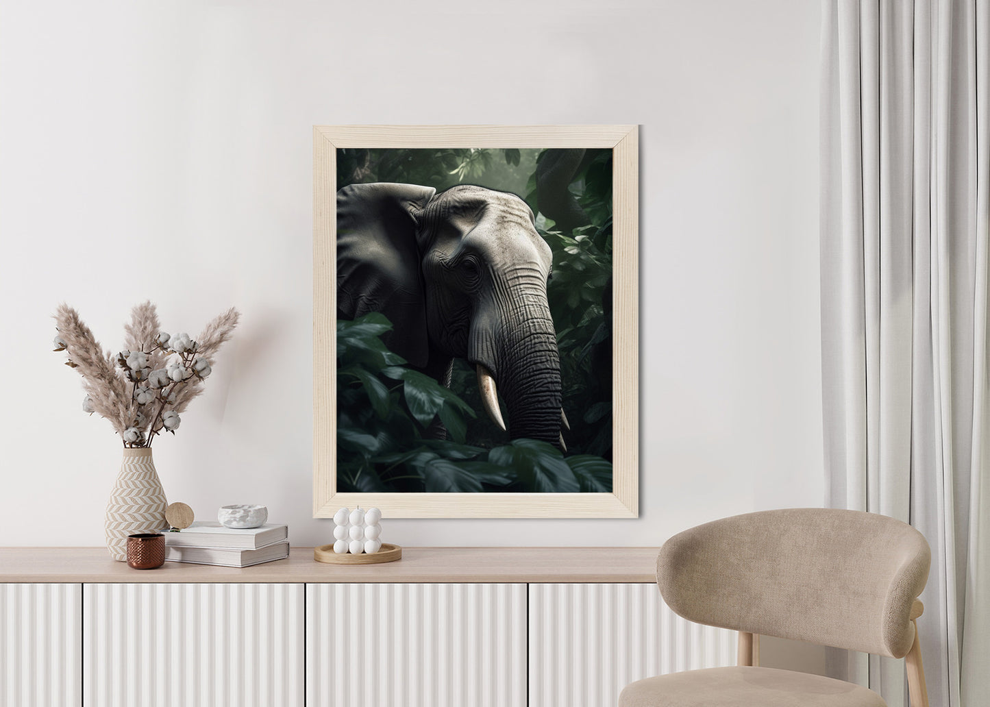 Poster Üppige Dschungelvegetation Und Ein Elefant Rahmen Holz Mit Passepartout Farbe Natürlich