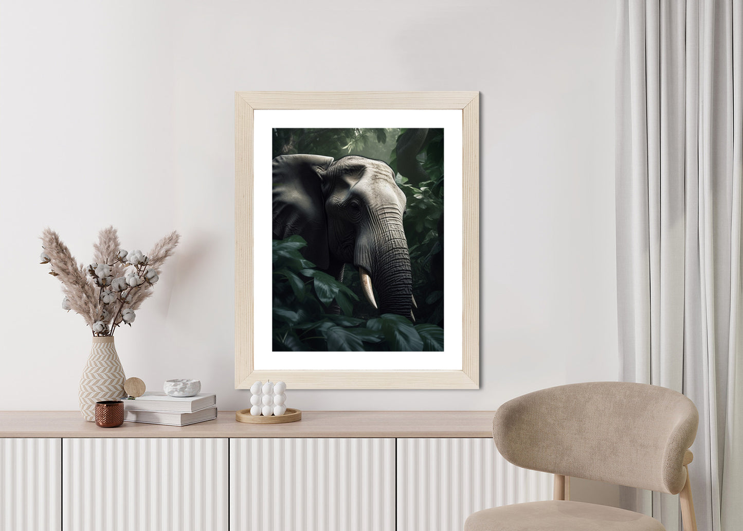 Poster Üppige Dschungelvegetation Und Ein Elefant Rahmen Holz Mit Passepartout Farbe Natürlich