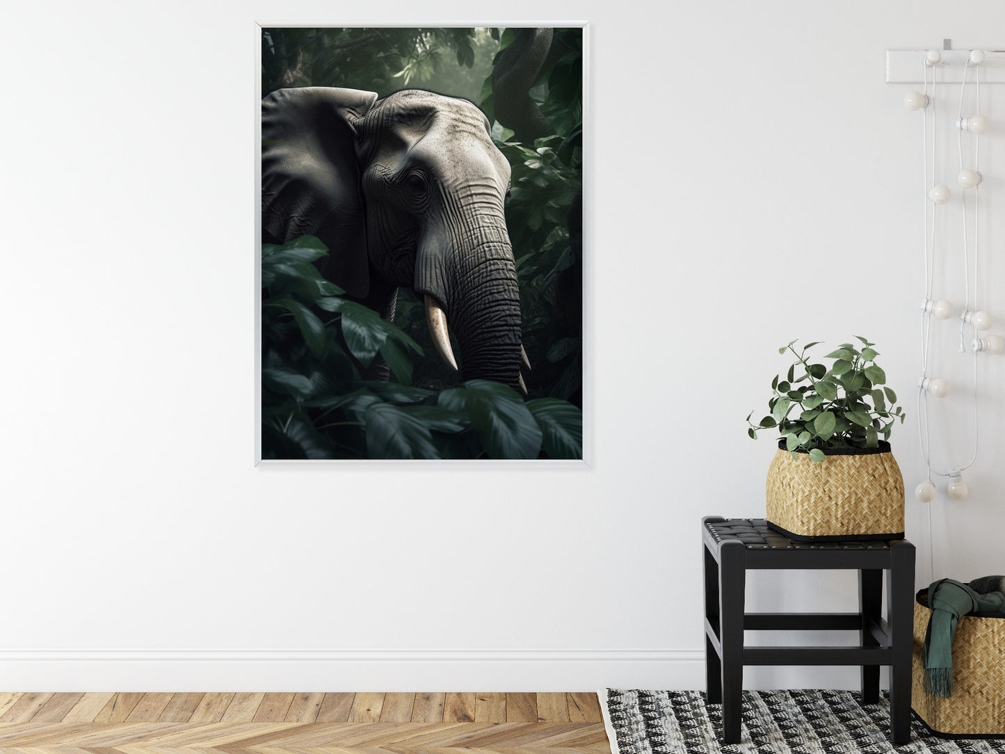 Poster Üppige Dschungelvegetation Und Ein Elefant Rahmen Holz Mit Passepartout Farbe Natürlich