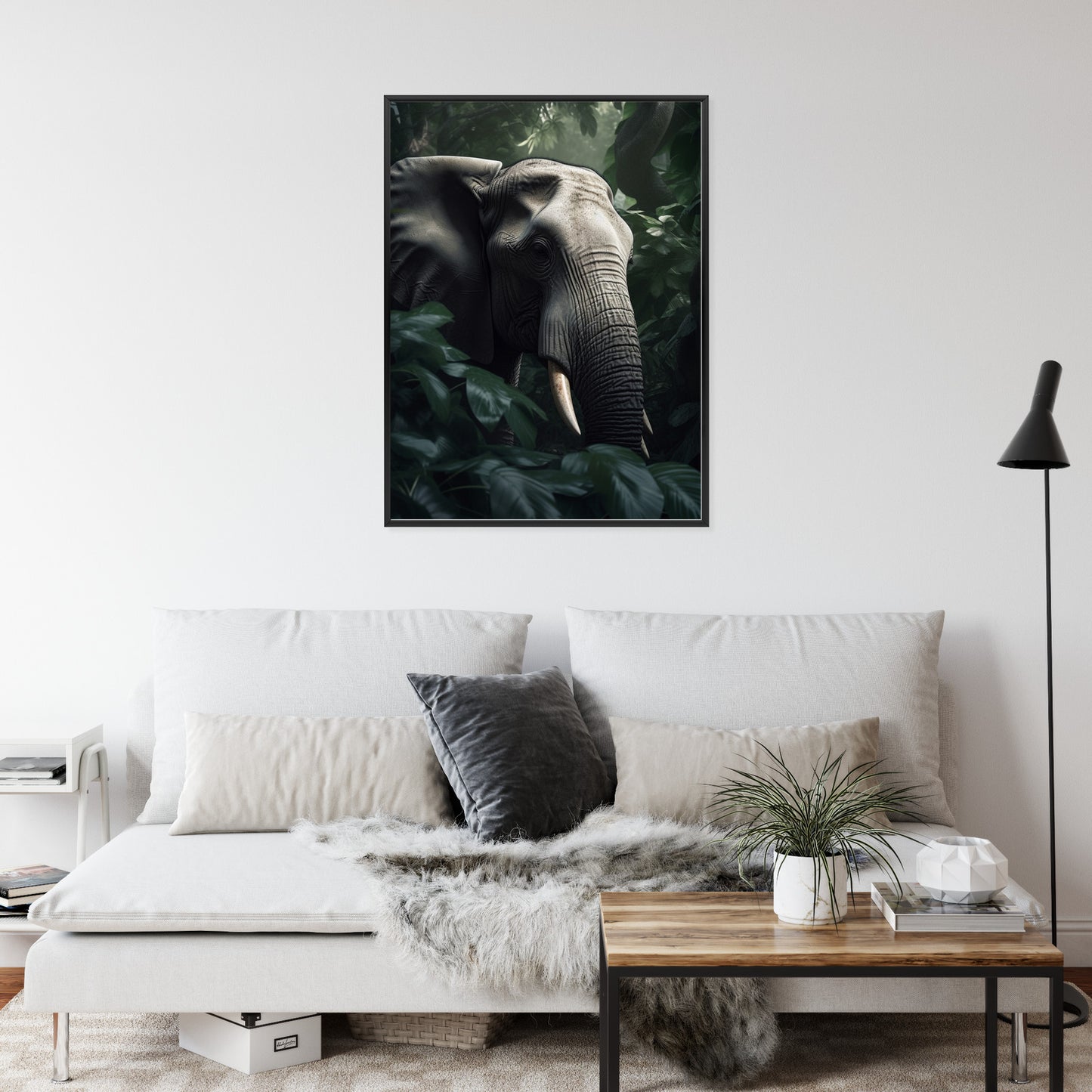 Poster Üppige Dschungelvegetation Und Ein Elefant Rahmen Holz Mit Passepartout Farbe Natürlich