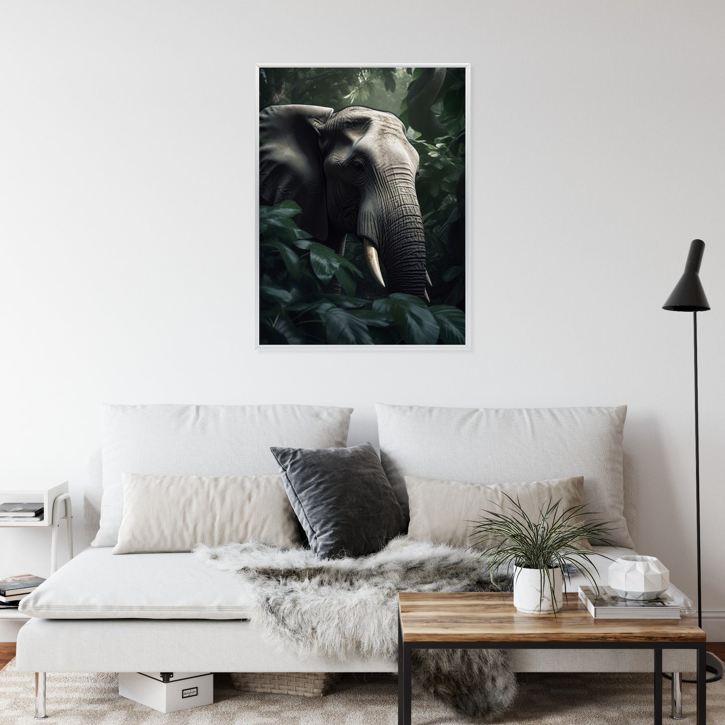 Poster Üppige Dschungelvegetation Und Ein Elefant Rahmen Holz Mit Passepartout Farbe Natürlich