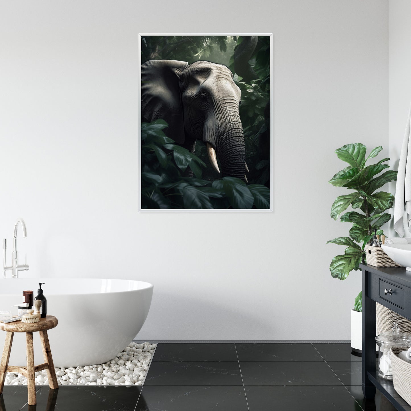 Poster Üppige Dschungelvegetation Und Ein Elefant Rahmen Holz Mit Passepartout Farbe Natürlich