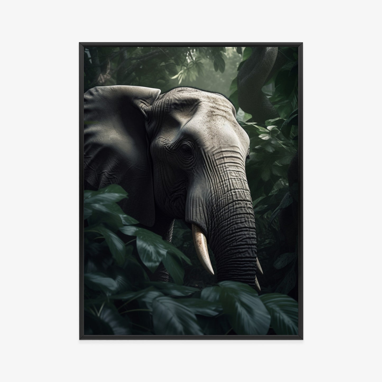 Poster Üppige Dschungelvegetation Und Ein Elefant Rahmen Holz Mit Passepartout Farbe Natürlich