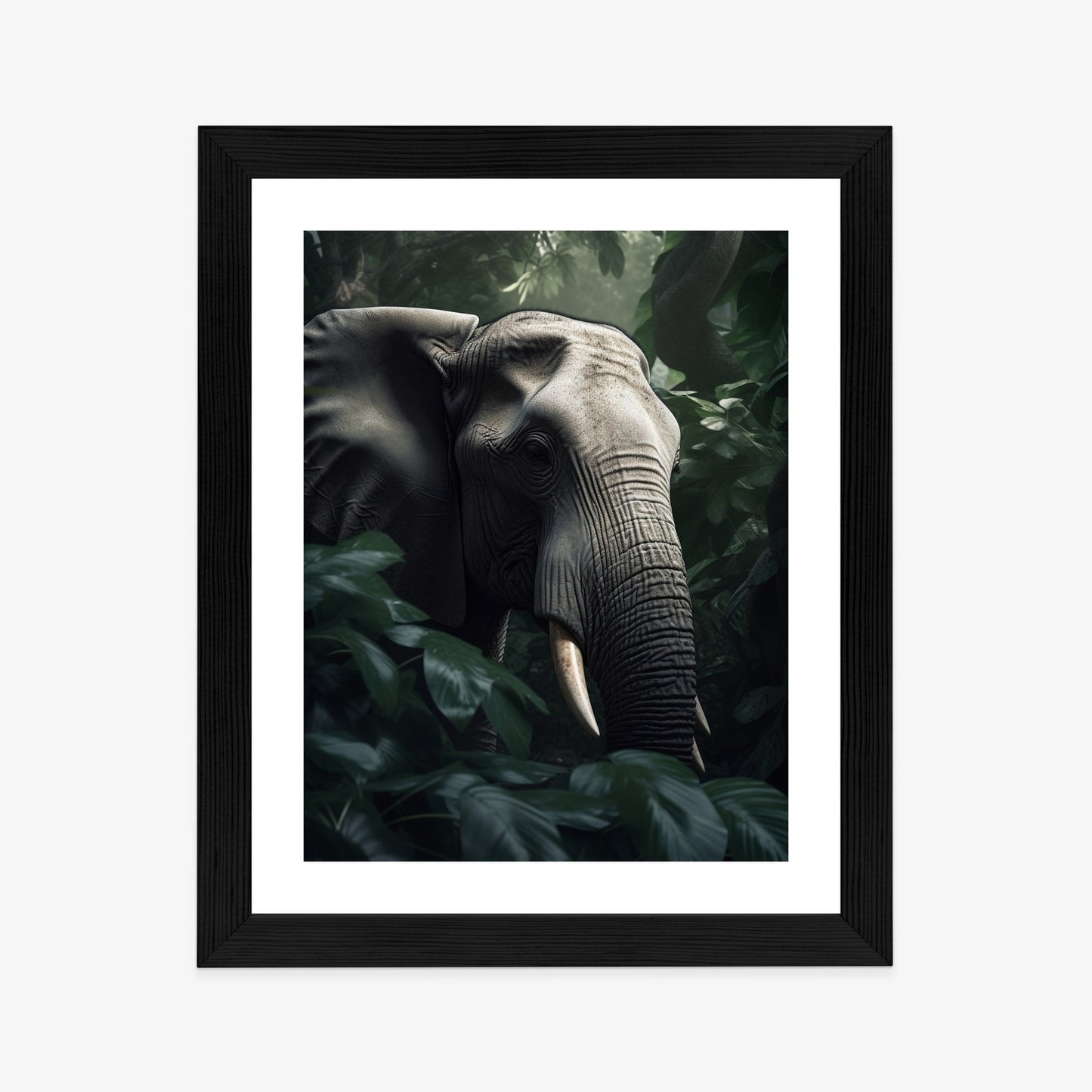 Poster Üppige Dschungelvegetation Und Ein Elefant Rahmen Holz Mit Passepartout Farbe Natürlich