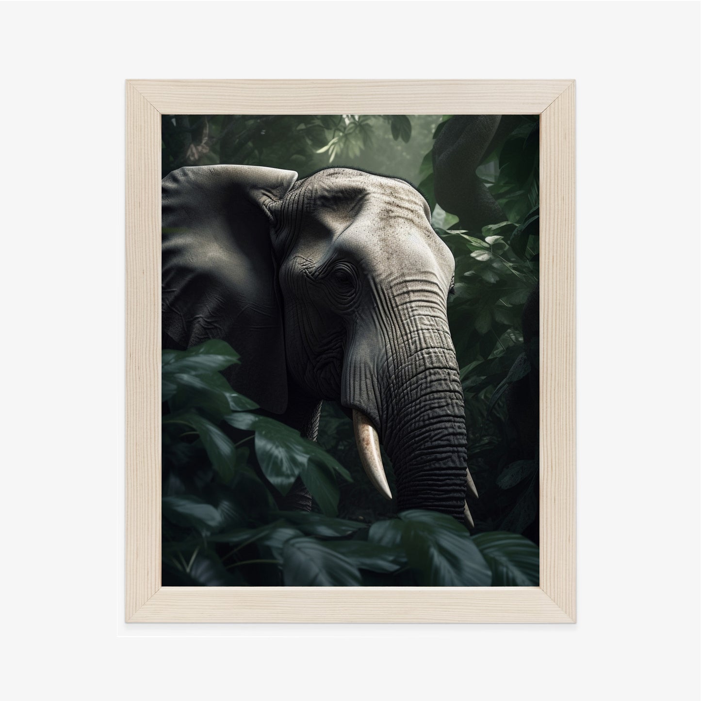 Poster Üppige Dschungelvegetation Und Ein Elefant Rahmen Holz Mit Passepartout Farbe Natürlich