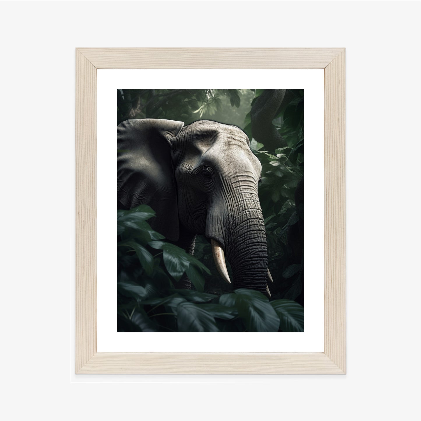 Poster Üppige Dschungelvegetation Und Ein Elefant Rahmen Holz Mit Passepartout Farbe Natürlich