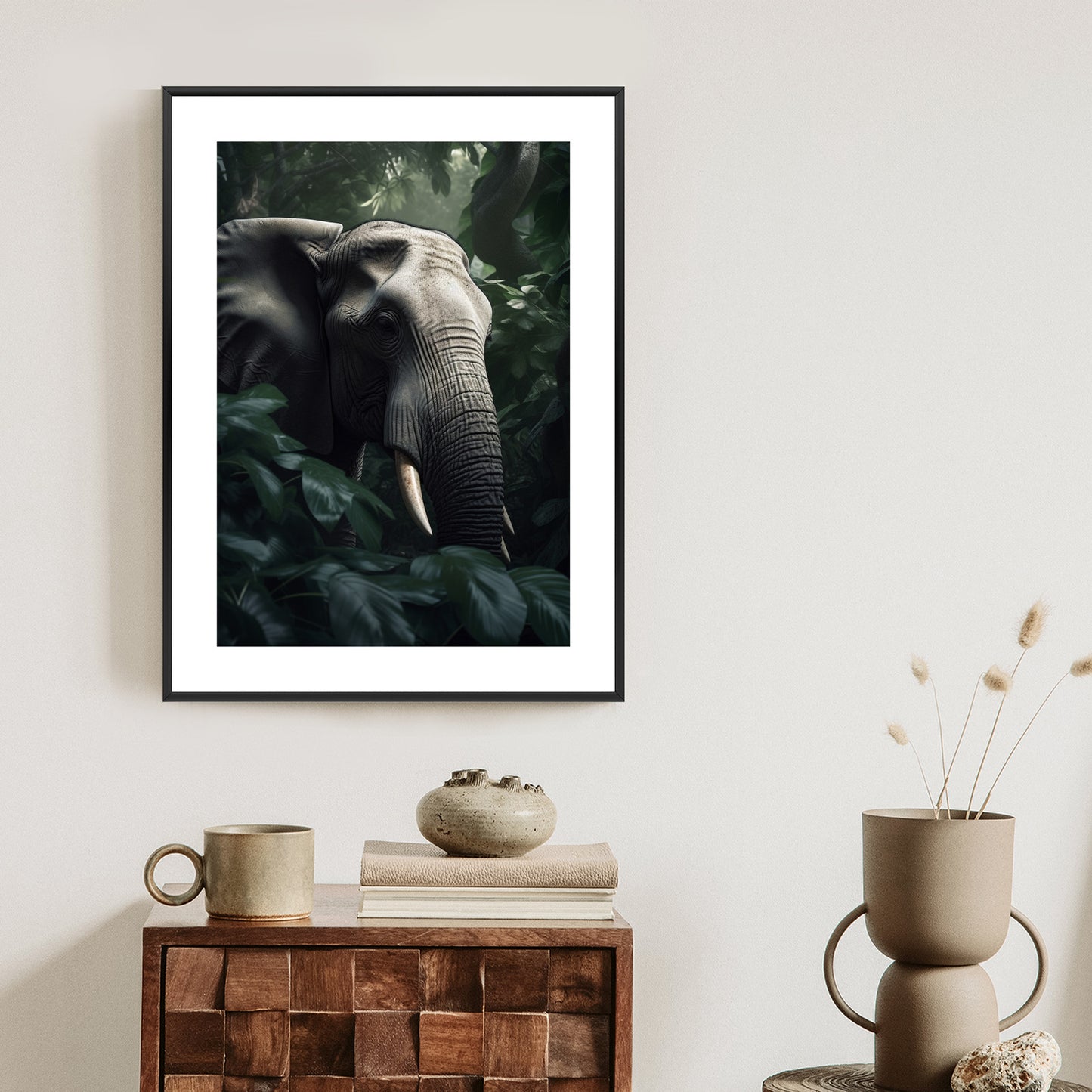 Poster Üppige Dschungelvegetation Und Ein Elefant Rahmen Holz Mit Passepartout Farbe Natürlich