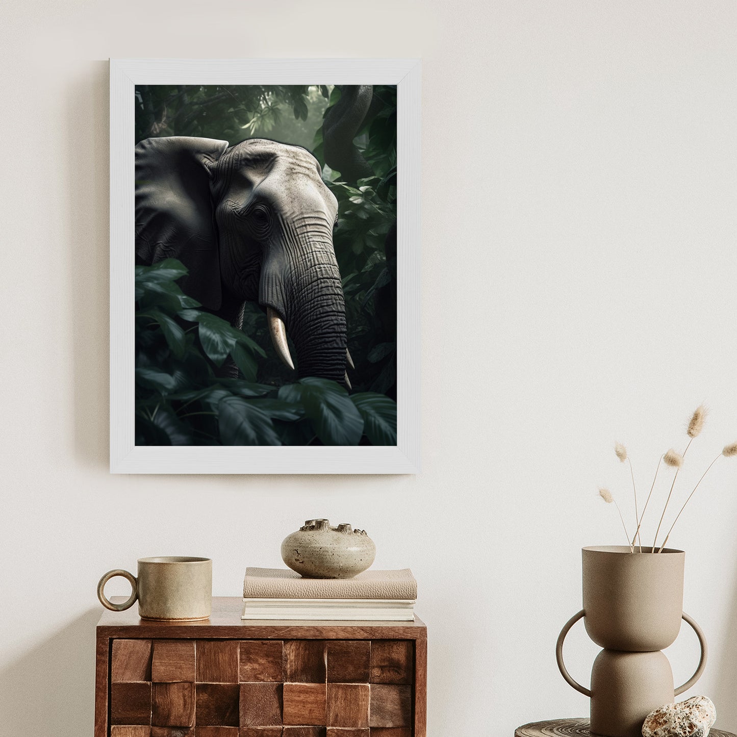 Poster Üppige Dschungelvegetation Und Ein Elefant Rahmen Holz Mit Passepartout Farbe Natürlich