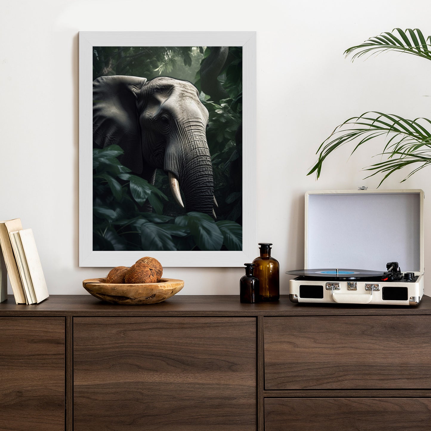 Poster Üppige Dschungelvegetation Und Ein Elefant Rahmen Holz Mit Passepartout Farbe Natürlich