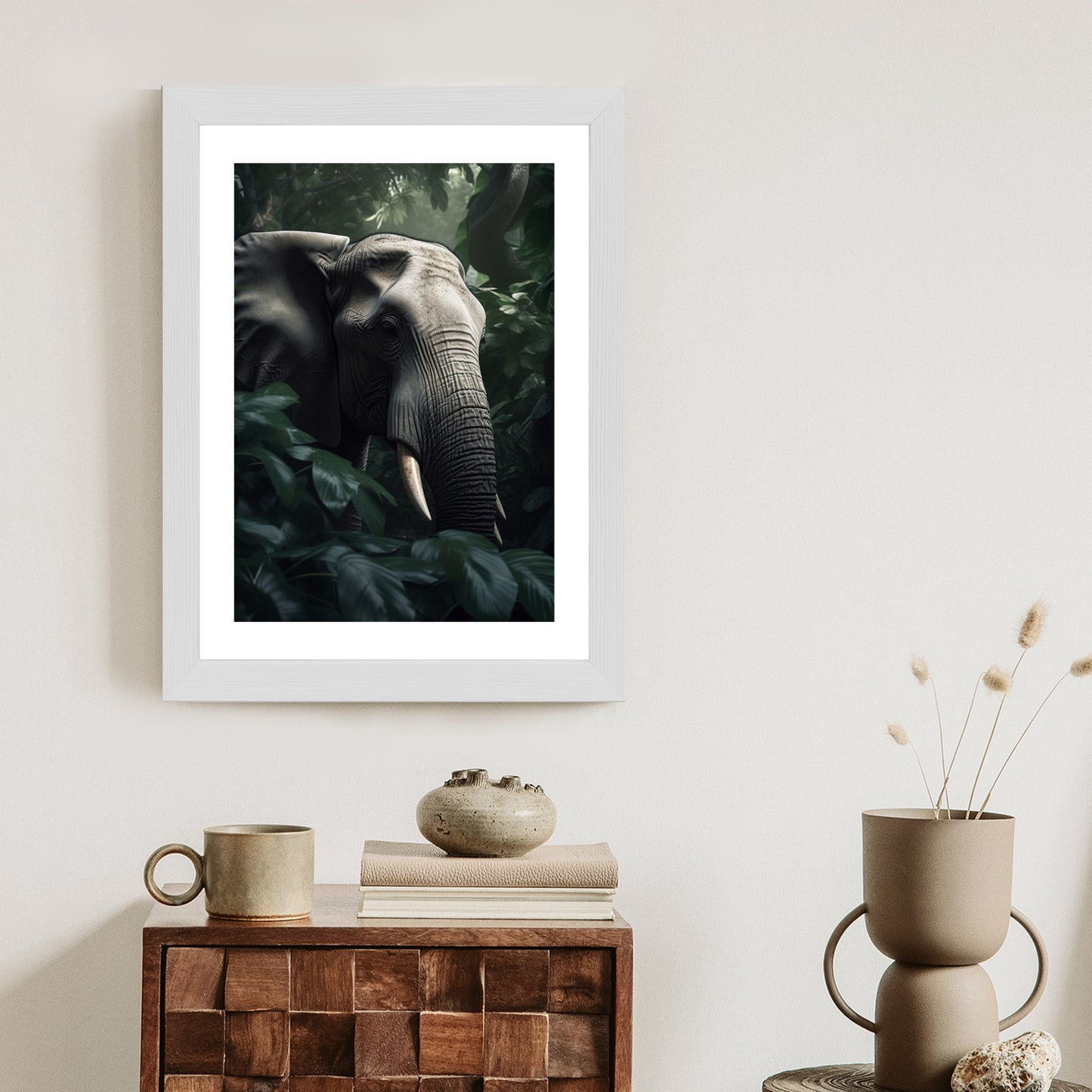 Poster Üppige Dschungelvegetation Und Ein Elefant Rahmen Holz Mit Passepartout Farbe Natürlich