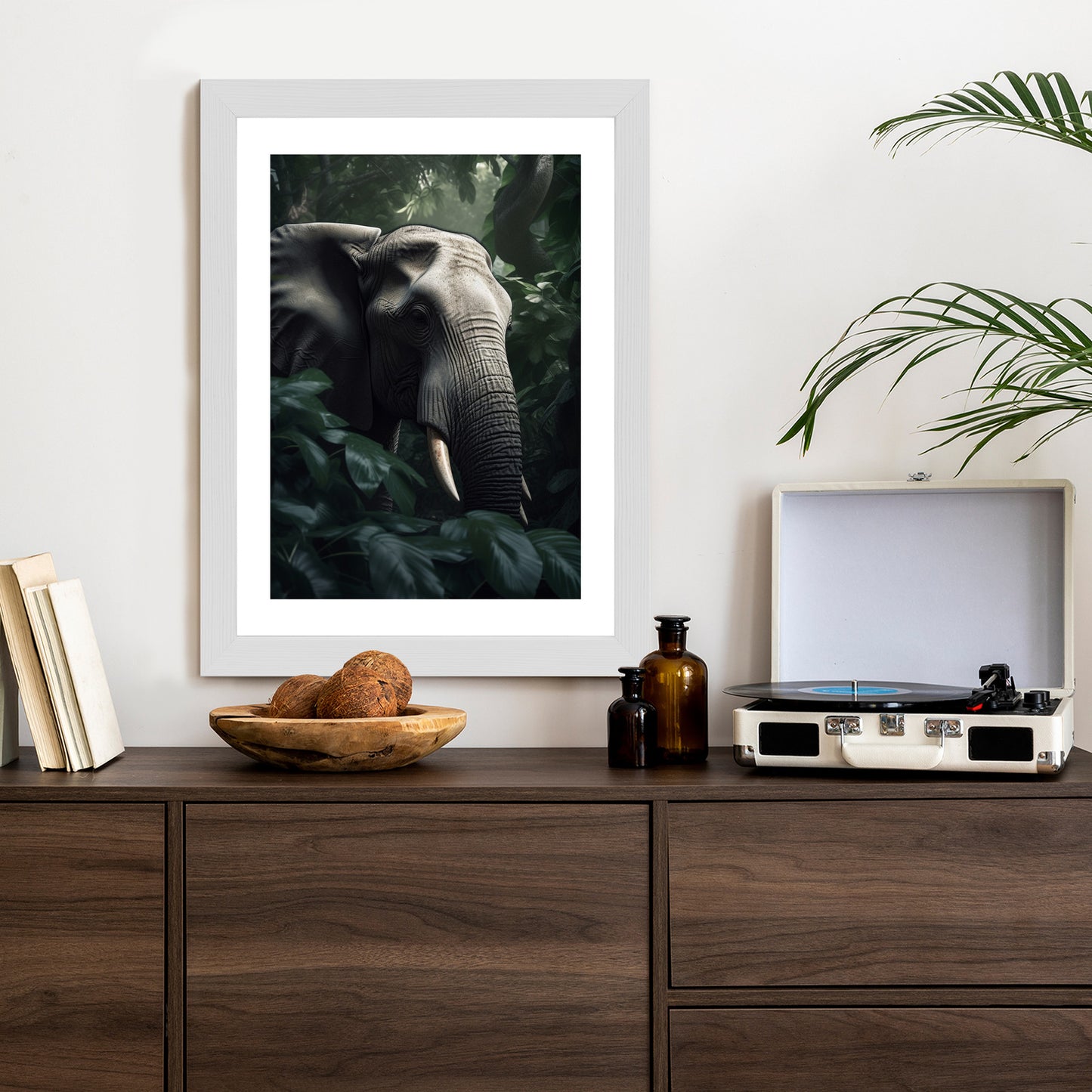 Poster Üppige Dschungelvegetation Und Ein Elefant Rahmen Holz Mit Passepartout Farbe Natürlich