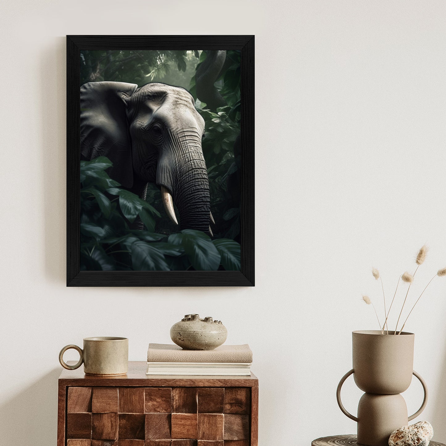 Poster Üppige Dschungelvegetation Und Ein Elefant Rahmen Holz Mit Passepartout Farbe Natürlich