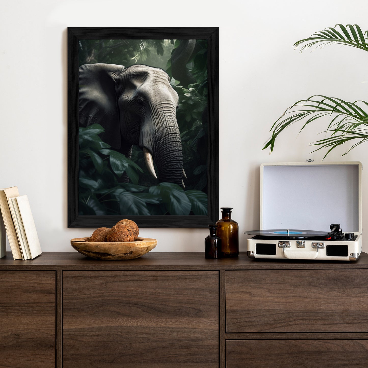 Poster Üppige Dschungelvegetation Und Ein Elefant Rahmen Holz Mit Passepartout Farbe Natürlich