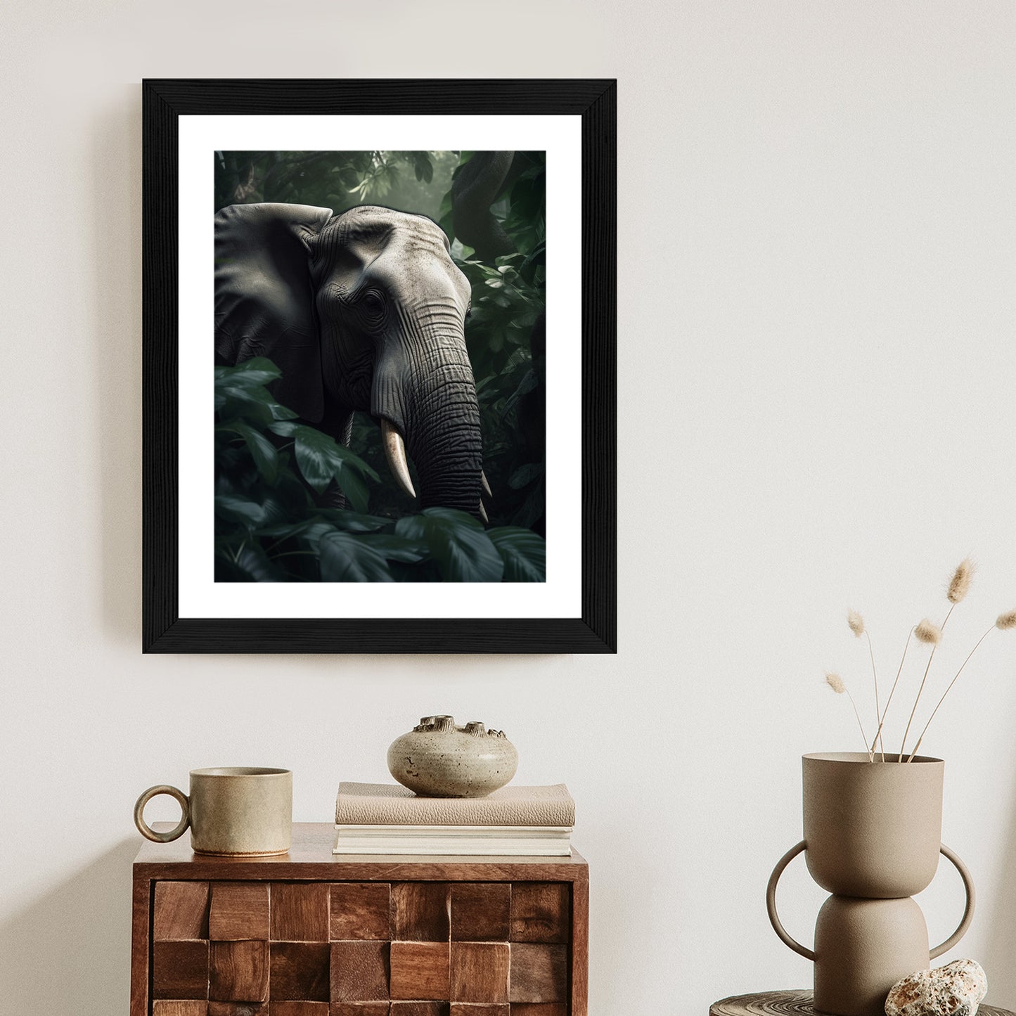 Poster Üppige Dschungelvegetation Und Ein Elefant Rahmen Holz Mit Passepartout Farbe Natürlich