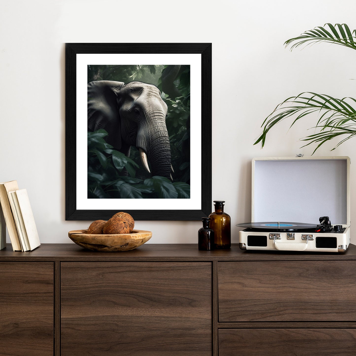 Poster Üppige Dschungelvegetation Und Ein Elefant Rahmen Holz Mit Passepartout Farbe Natürlich