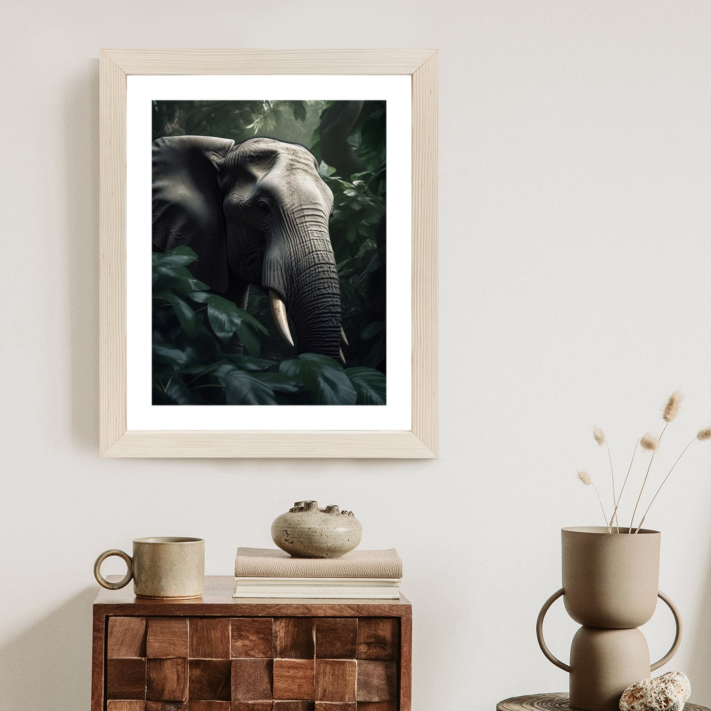 Poster Üppige Dschungelvegetation Und Ein Elefant Rahmen Holz Mit Passepartout Farbe Natürlich