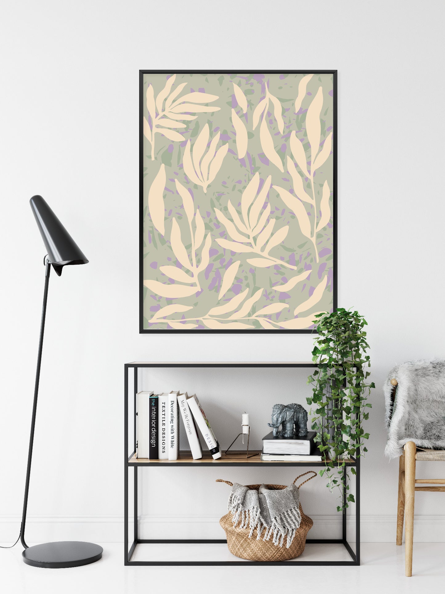 Poster Botanisches Muster Mit Beigen Zweigen Rahmen Holz Mit Passepartout Farbe Natürlich