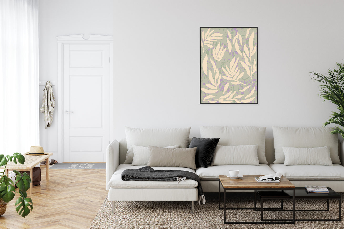 Poster Botanisches Muster Mit Beigen Zweigen Rahmen Holz Mit Passepartout Farbe Natürlich