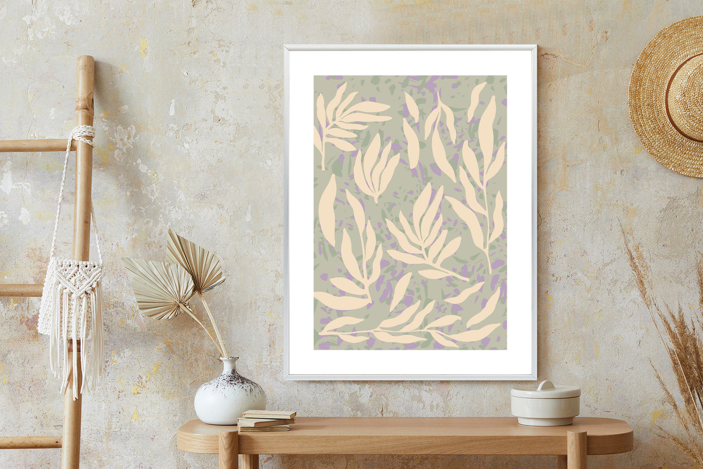 Poster Botanisches Muster Mit Beigen Zweigen Rahmen Holz Mit Passepartout Farbe Natürlich
