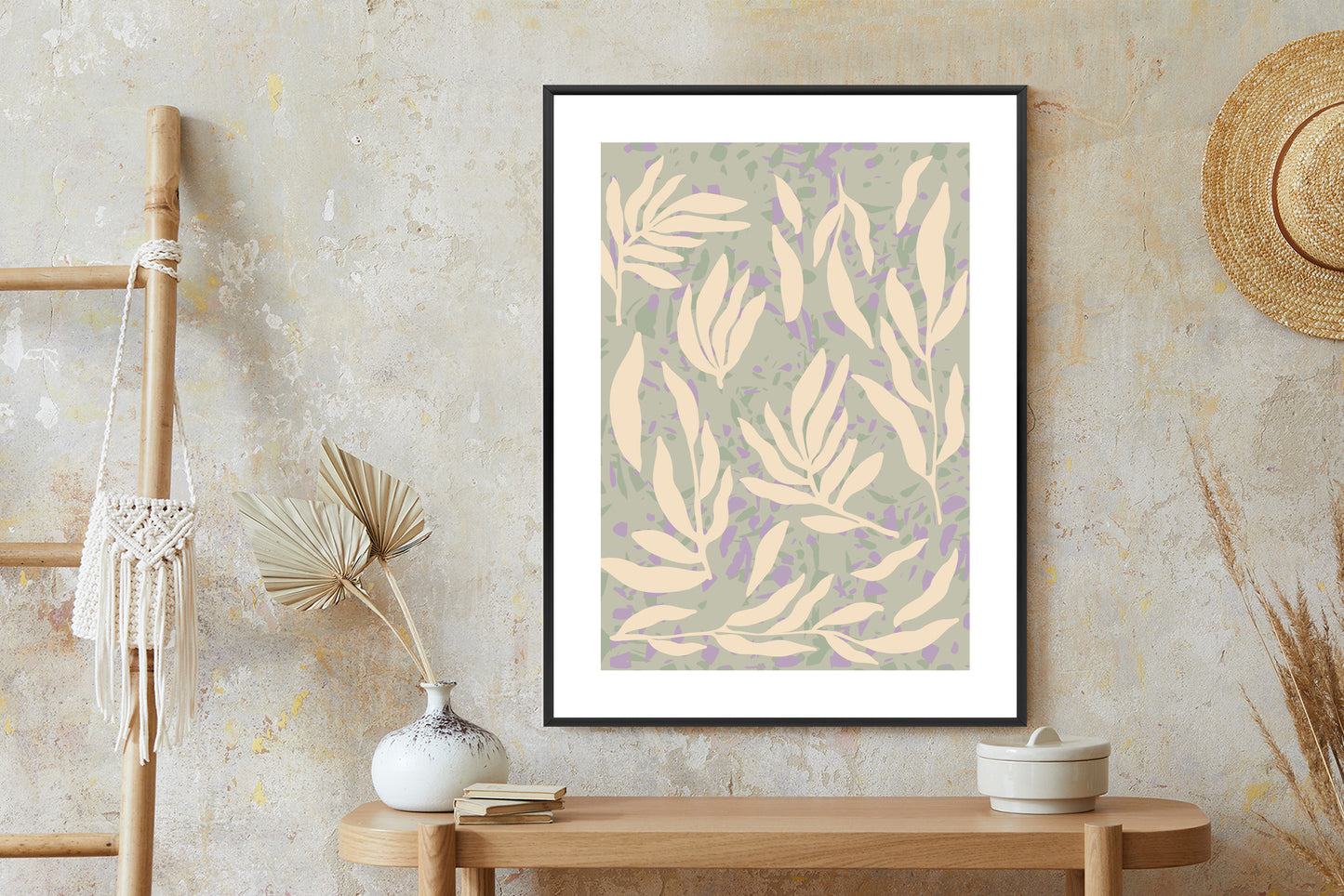 Poster Botanisches Muster Mit Beigen Zweigen Rahmen Holz Mit Passepartout Farbe Natürlich