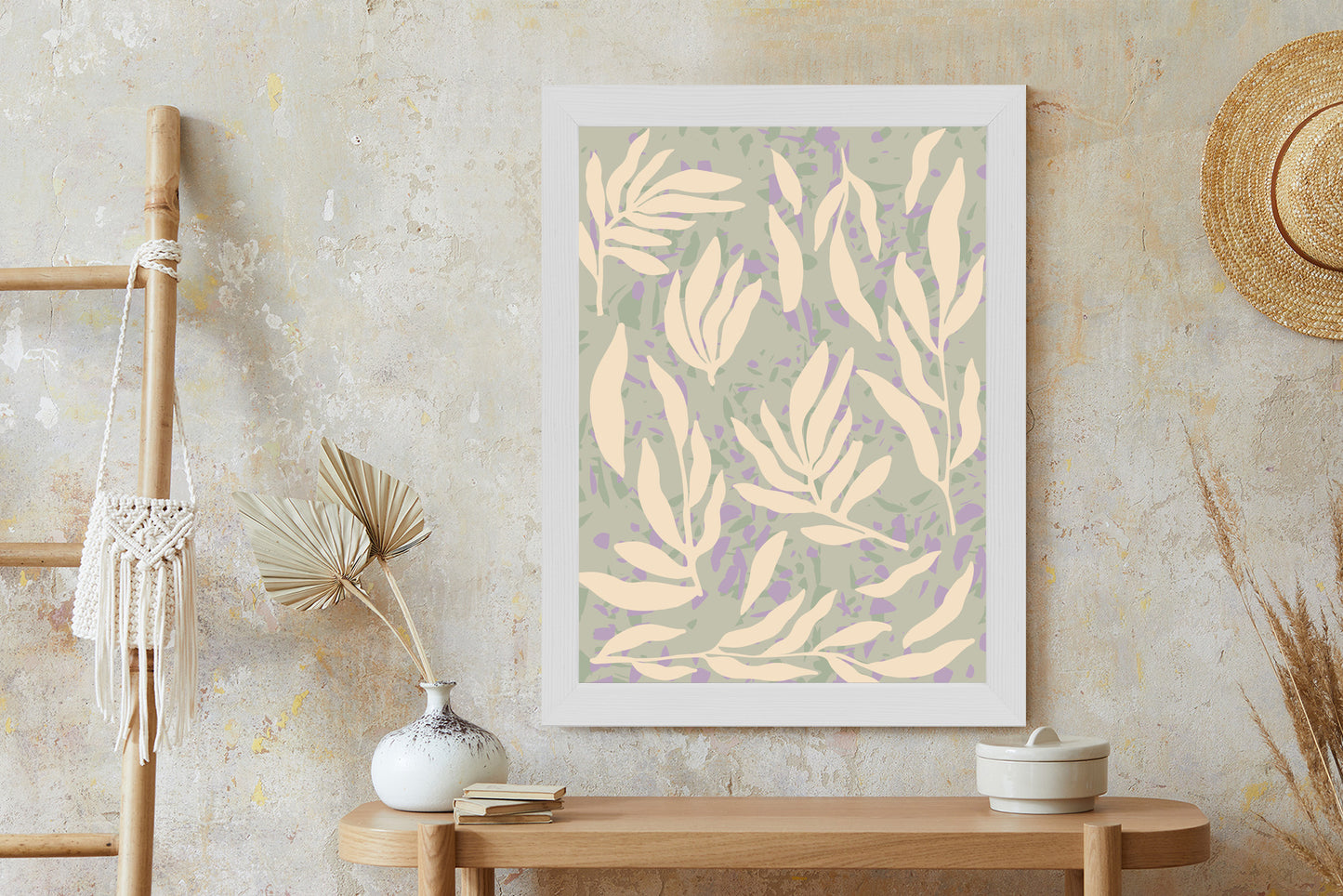 Poster Botanisches Muster Mit Beigen Zweigen Rahmen Holz Mit Passepartout Farbe Natürlich