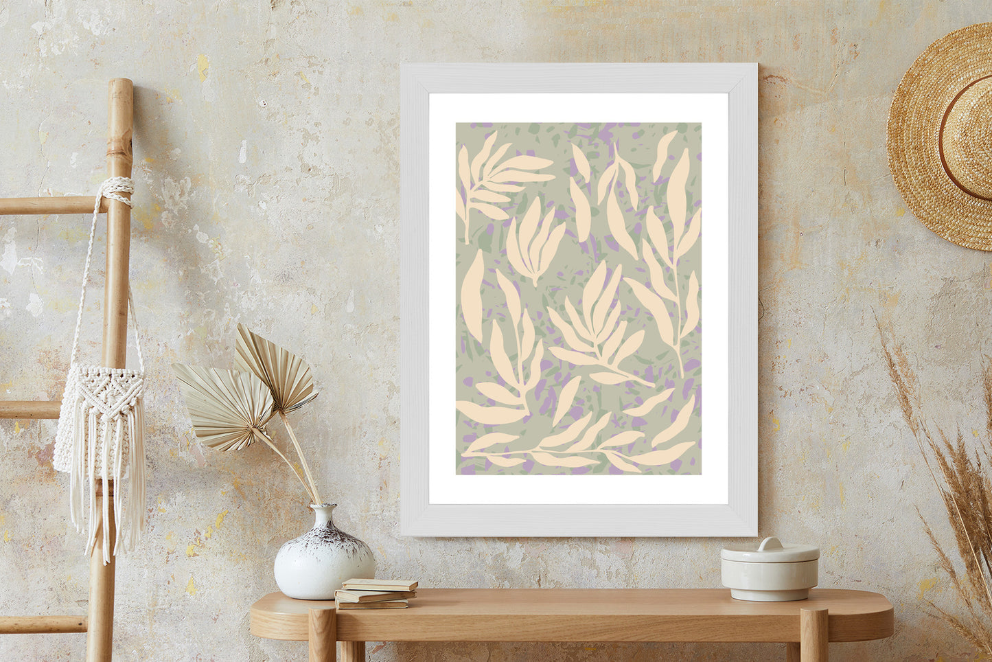 Poster Botanisches Muster Mit Beigen Zweigen Rahmen Holz Mit Passepartout Farbe Natürlich