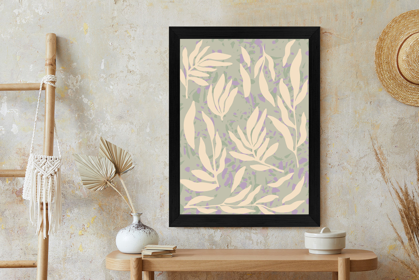 Poster Botanisches Muster Mit Beigen Zweigen Rahmen Holz Mit Passepartout Farbe Natürlich