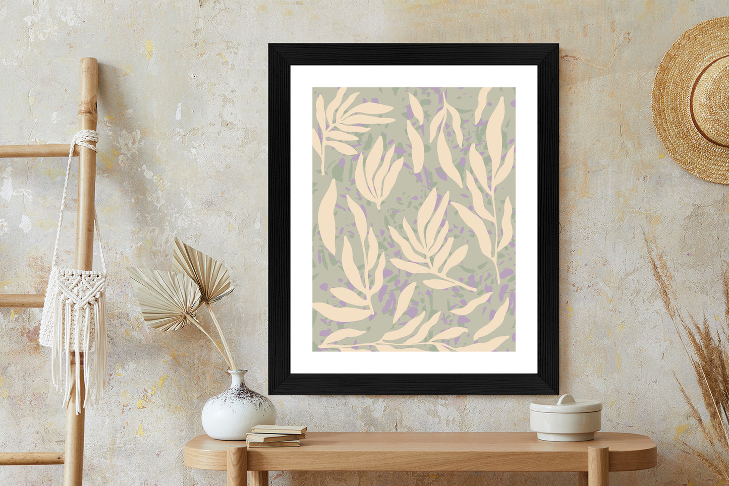 Poster Botanisches Muster Mit Beigen Zweigen Rahmen Holz Mit Passepartout Farbe Natürlich