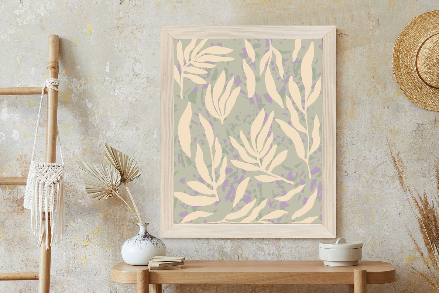 Poster Botanisches Muster Mit Beigen Zweigen Rahmen Holz Mit Passepartout Farbe Natürlich