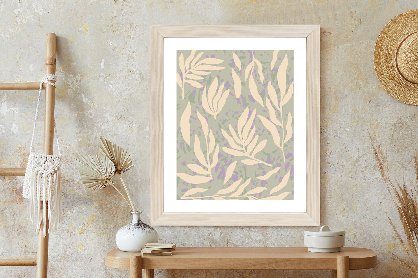Poster Botanisches Muster Mit Beigen Zweigen Rahmen Holz Mit Passepartout Farbe Natürlich