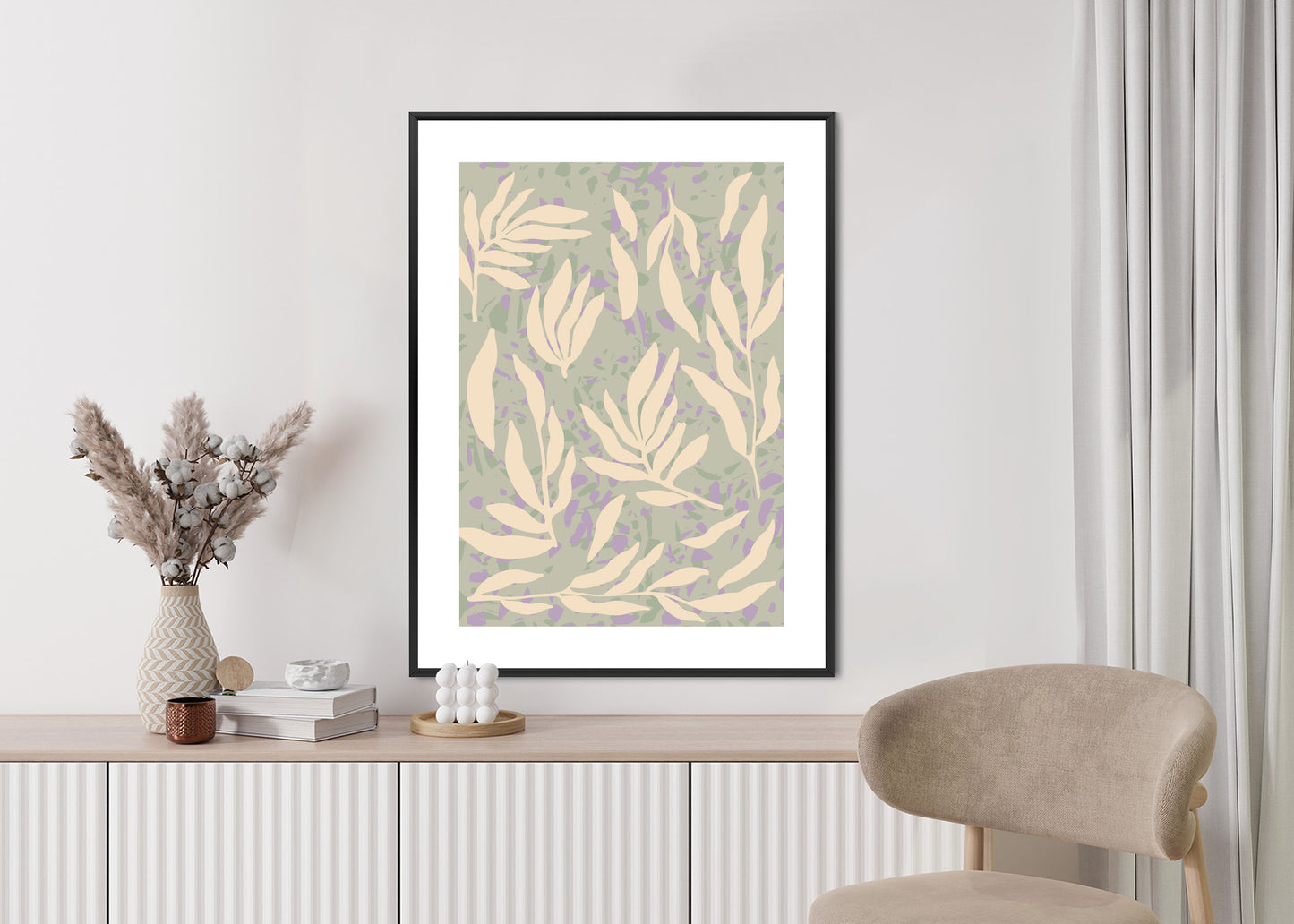 Poster Botanisches Muster Mit Beigen Zweigen Rahmen Holz Mit Passepartout Farbe Natürlich