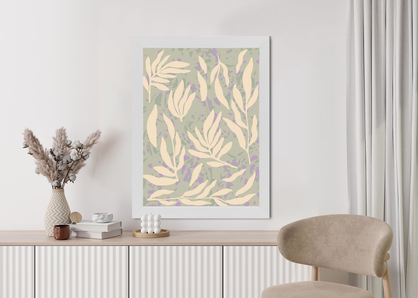 Poster Botanisches Muster Mit Beigen Zweigen Rahmen Holz Mit Passepartout Farbe Natürlich