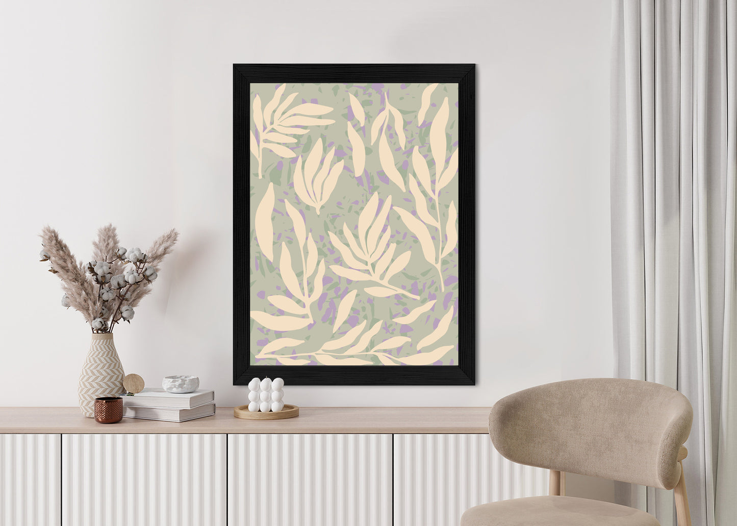 Poster Botanisches Muster Mit Beigen Zweigen Rahmen Holz Mit Passepartout Farbe Natürlich