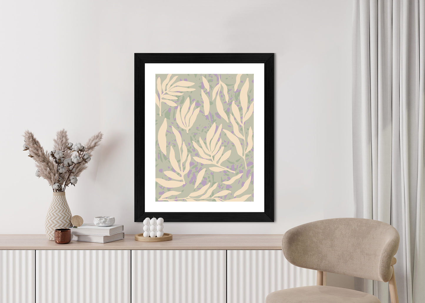 Poster Botanisches Muster Mit Beigen Zweigen Rahmen Holz Mit Passepartout Farbe Natürlich