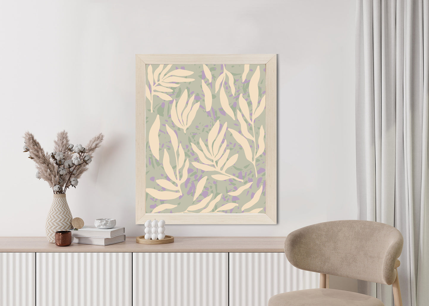 Poster Botanisches Muster Mit Beigen Zweigen Rahmen Holz Mit Passepartout Farbe Natürlich