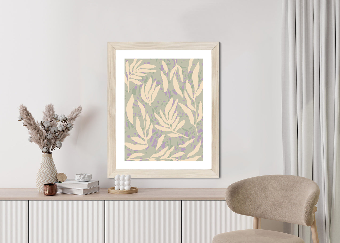 Poster Botanisches Muster Mit Beigen Zweigen Rahmen Holz Mit Passepartout Farbe Natürlich