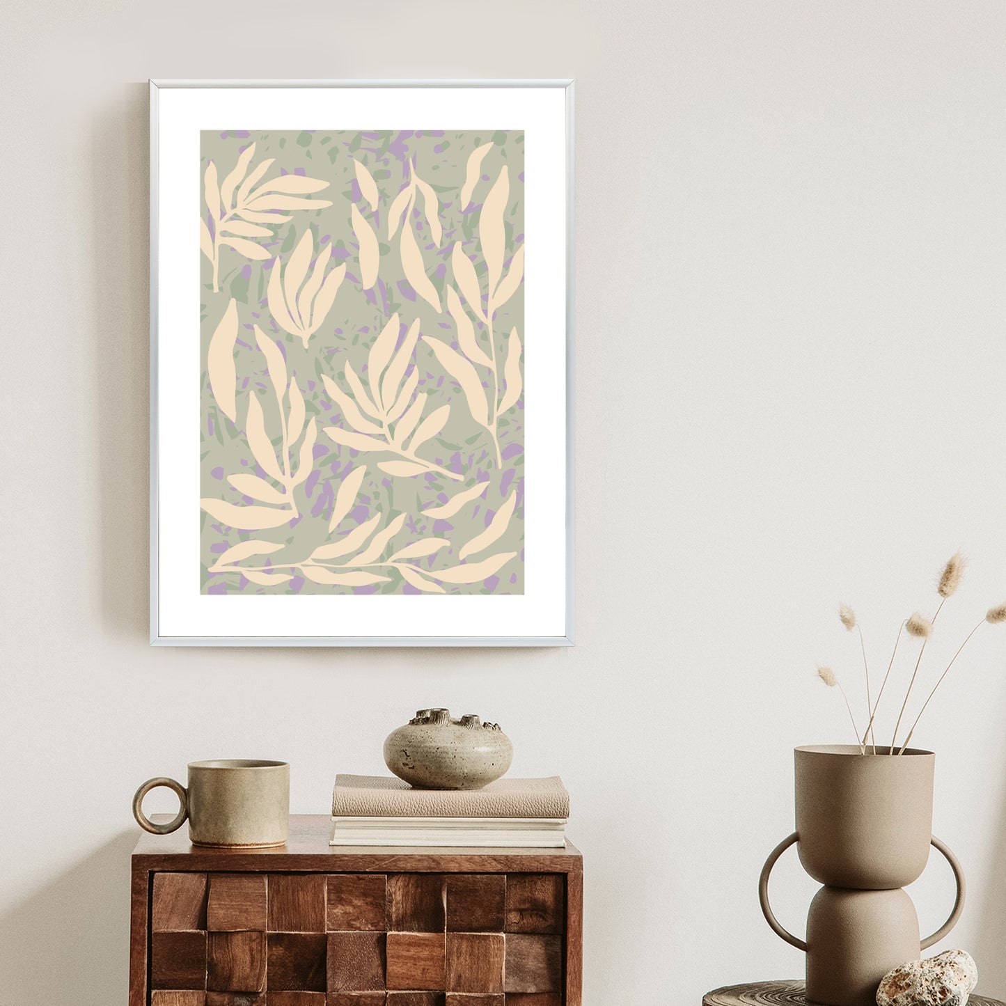 Poster Botanisches Muster Mit Beigen Zweigen Rahmen Holz Mit Passepartout Farbe Natürlich