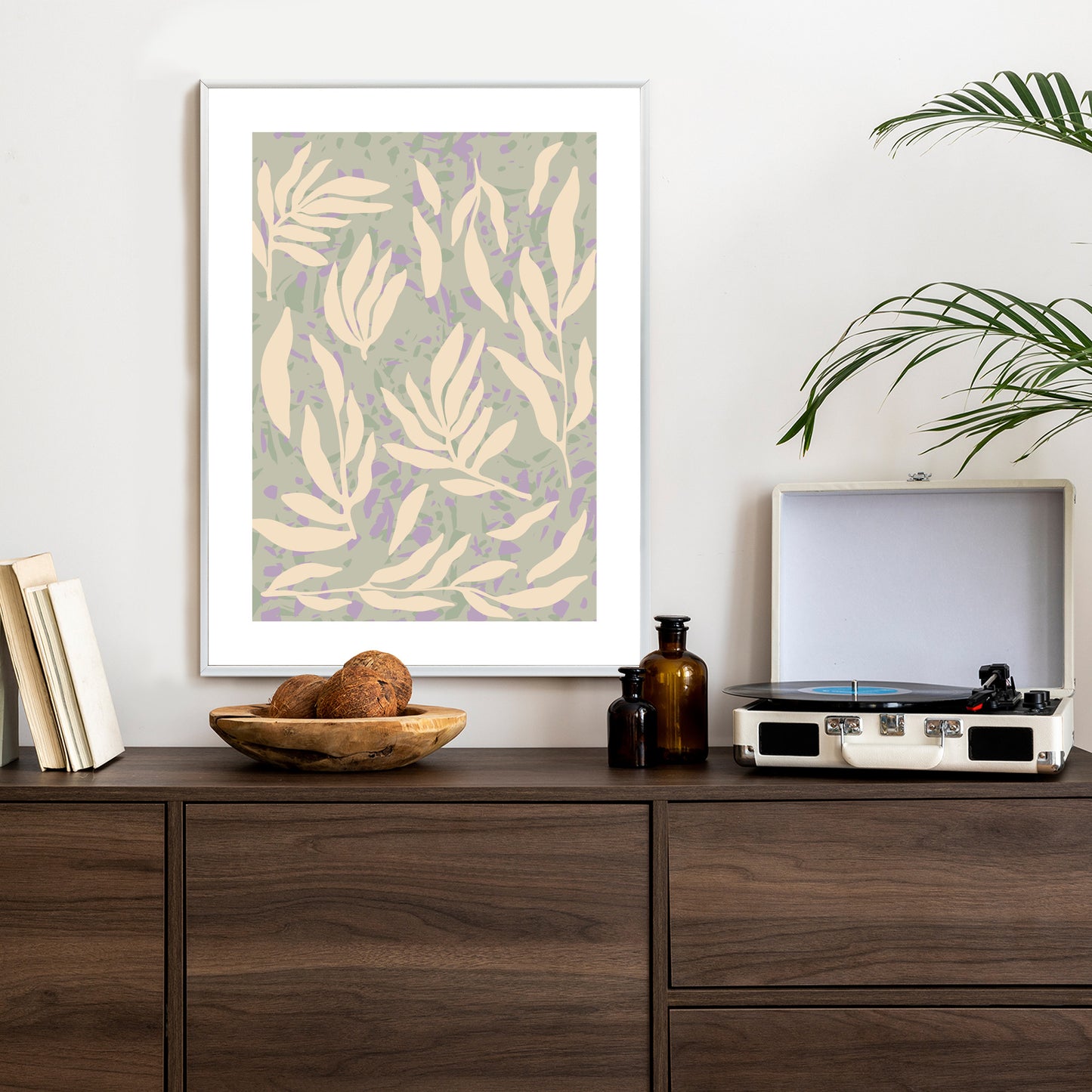 Poster Botanisches Muster Mit Beigen Zweigen Rahmen Holz Mit Passepartout Farbe Natürlich