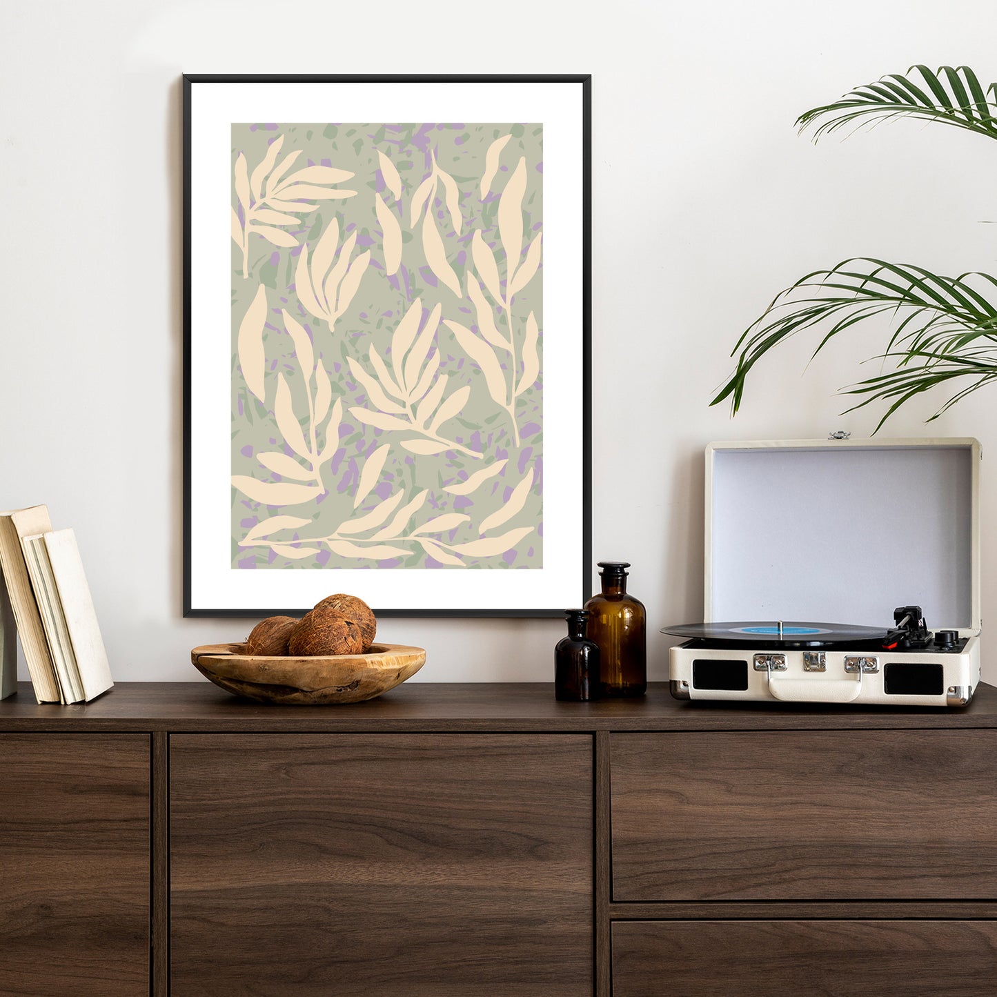 Poster Botanisches Muster Mit Beigen Zweigen Rahmen Holz Mit Passepartout Farbe Natürlich