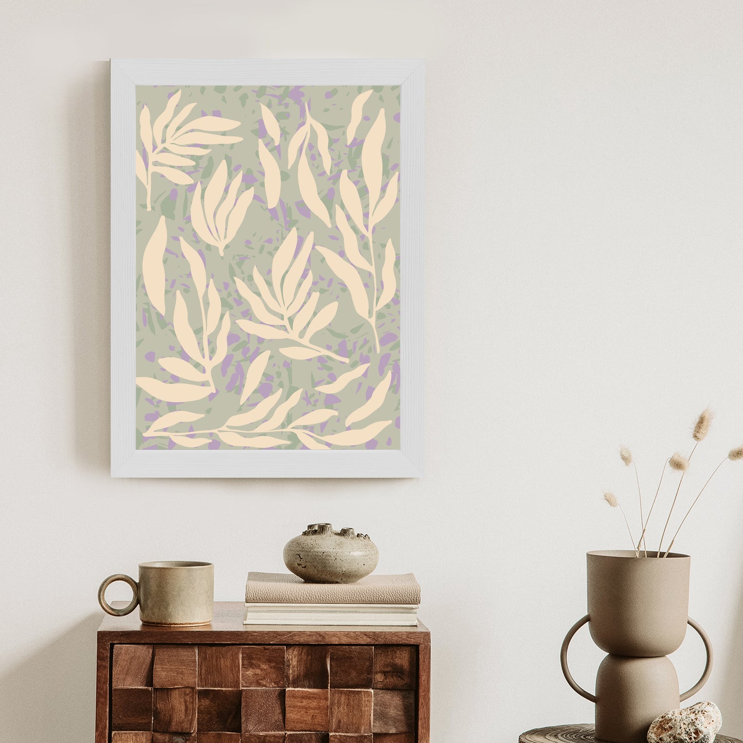 Poster Botanisches Muster Mit Beigen Zweigen Rahmen Holz Mit Passepartout Farbe Natürlich