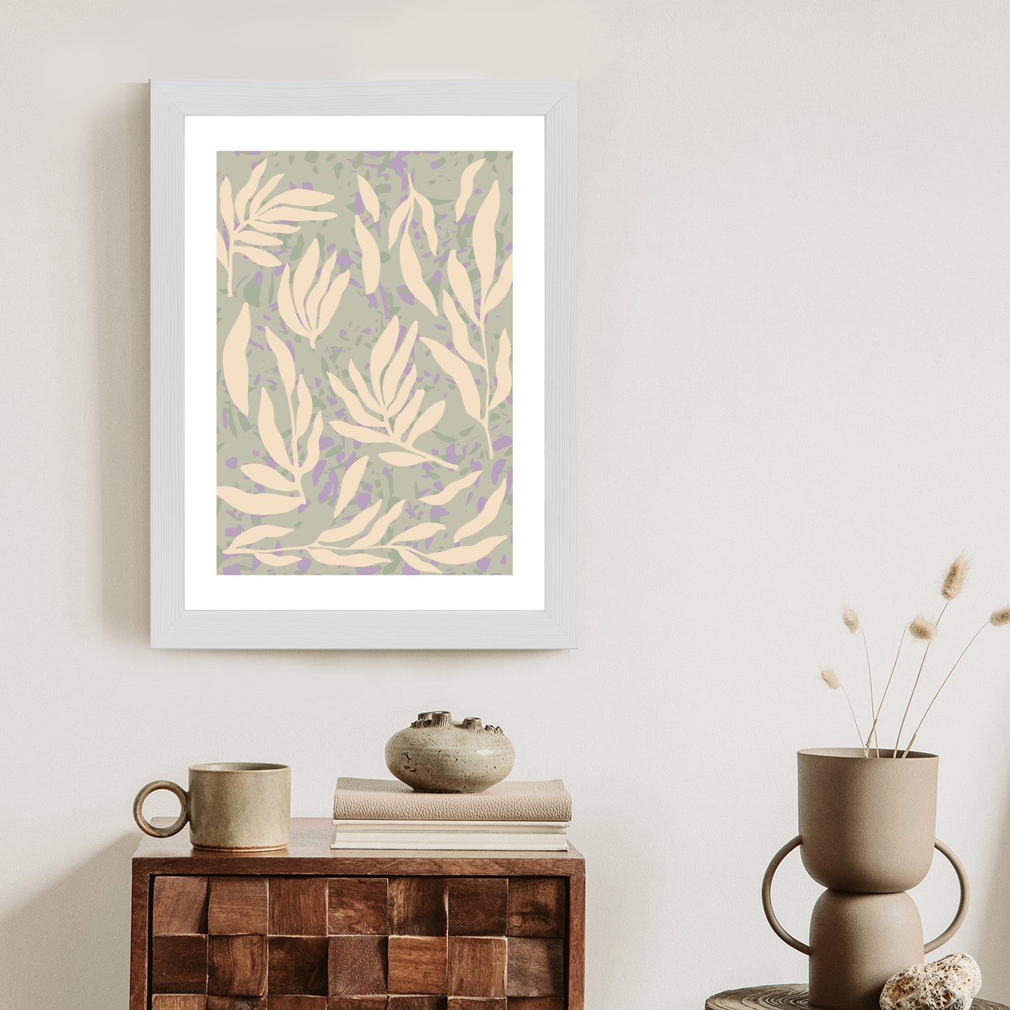 Poster Botanisches Muster Mit Beigen Zweigen Rahmen Holz Mit Passepartout Farbe Natürlich