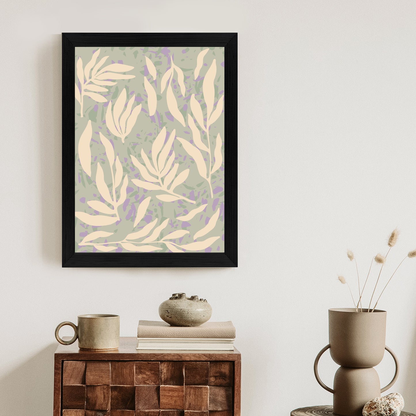 Poster Botanisches Muster Mit Beigen Zweigen Rahmen Holz Mit Passepartout Farbe Natürlich