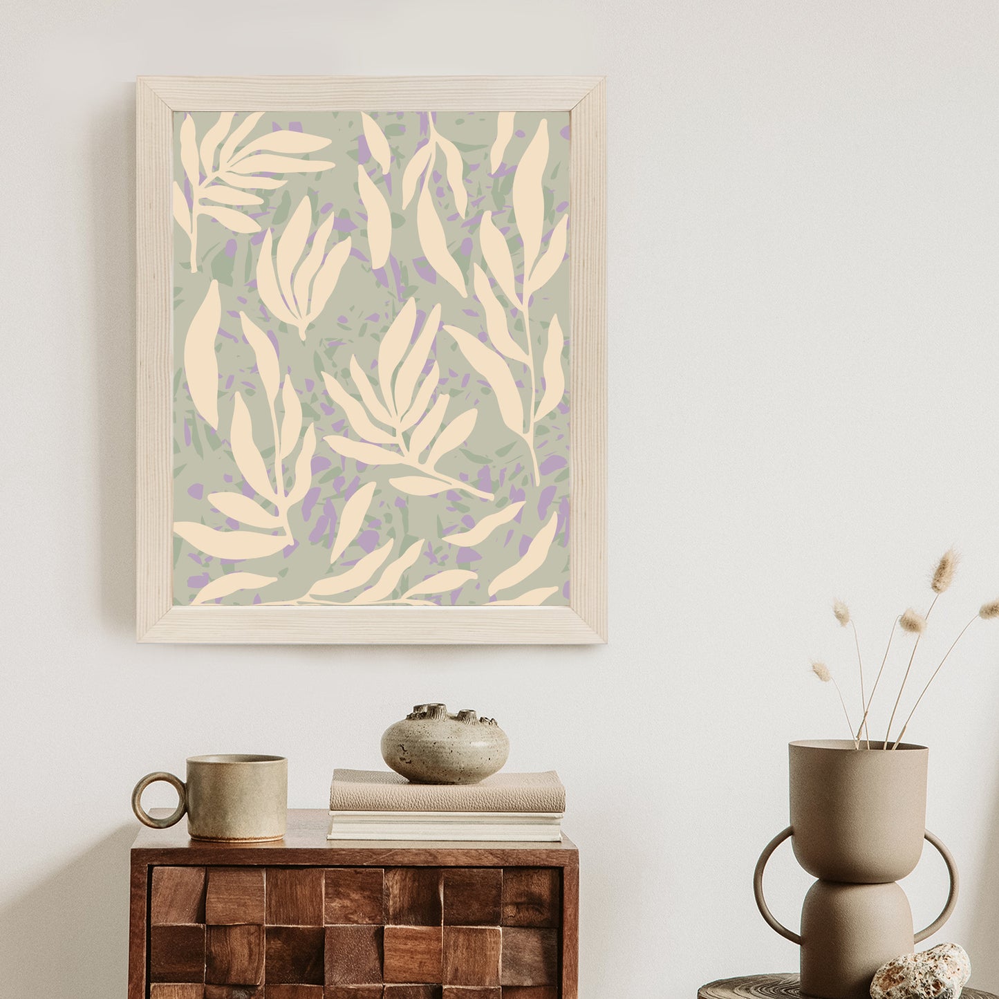 Poster Botanisches Muster Mit Beigen Zweigen Rahmen Holz Mit Passepartout Farbe Natürlich