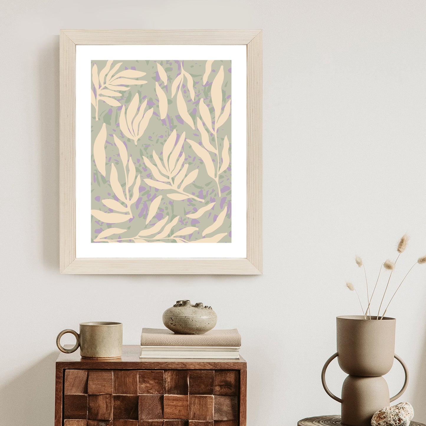 Poster Botanisches Muster Mit Beigen Zweigen Rahmen Holz Mit Passepartout Farbe Natürlich