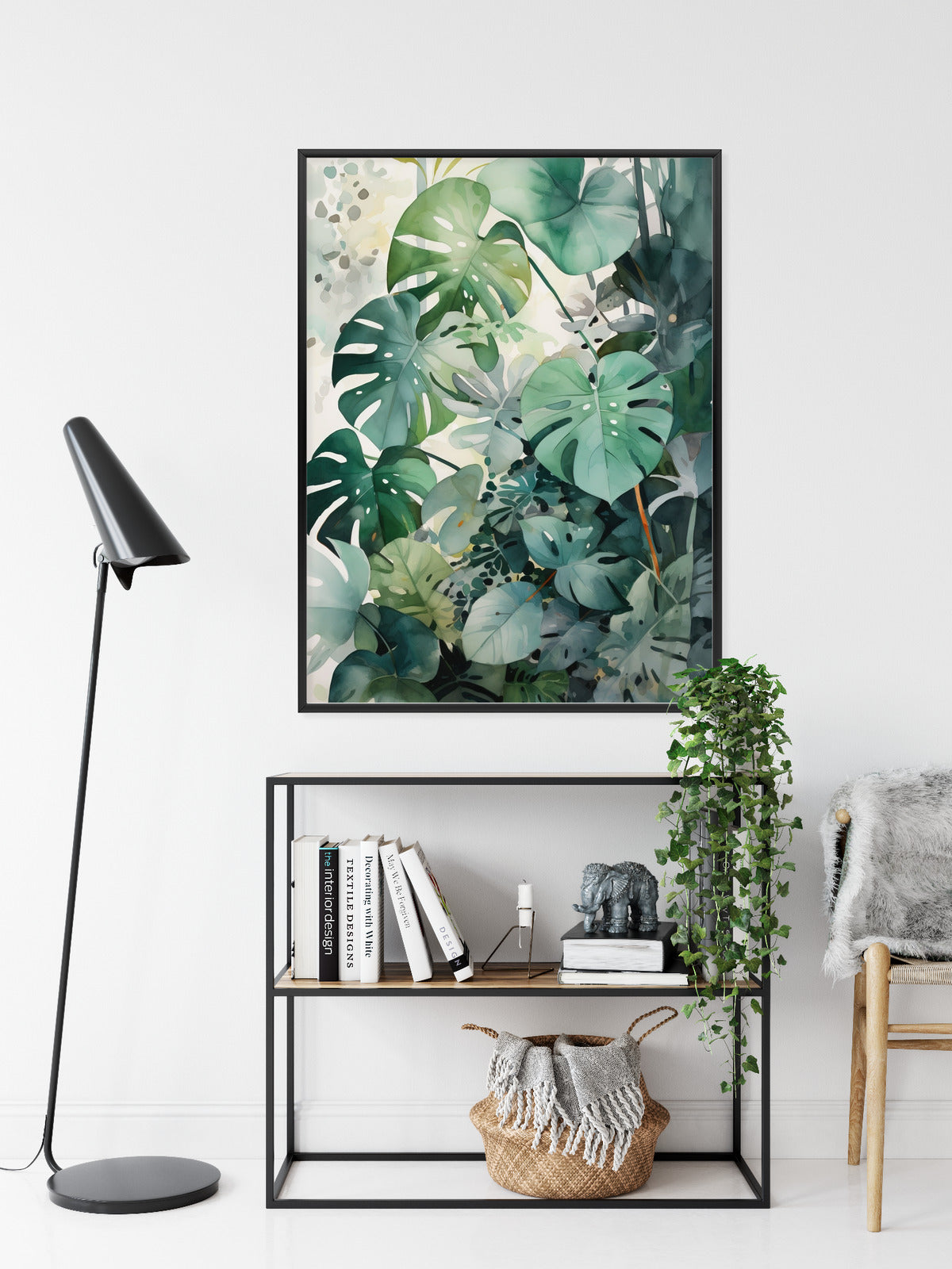 Poster Botanischer Grüner Monstera-Hintergrund Rahmen Holz Mit Passepartout Farbe Natürlich