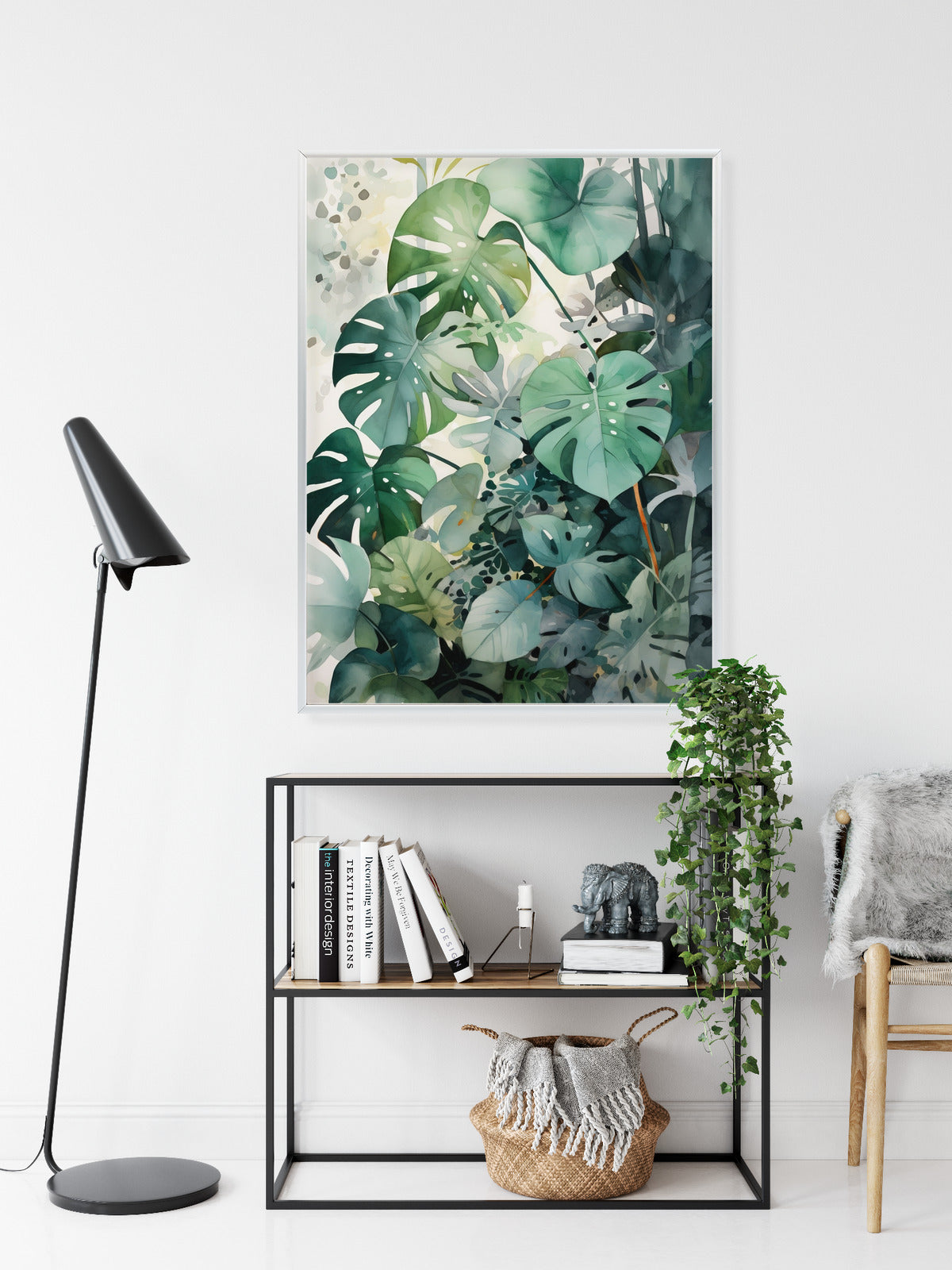 Poster Botanischer Grüner Monstera-Hintergrund Rahmen Holz Mit Passepartout Farbe Natürlich
