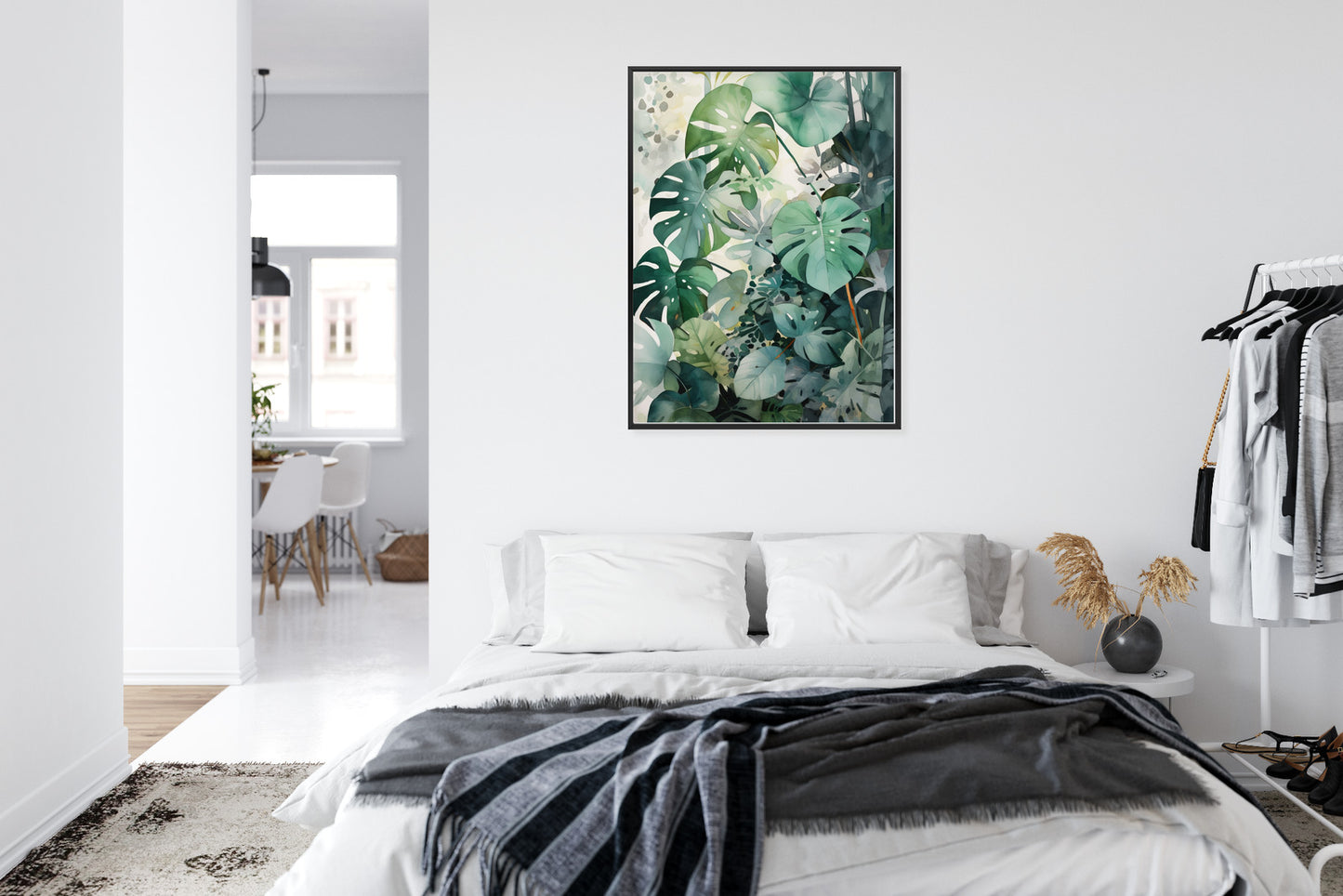 Poster Botanischer Grüner Monstera-Hintergrund Rahmen Holz Mit Passepartout Farbe Natürlich