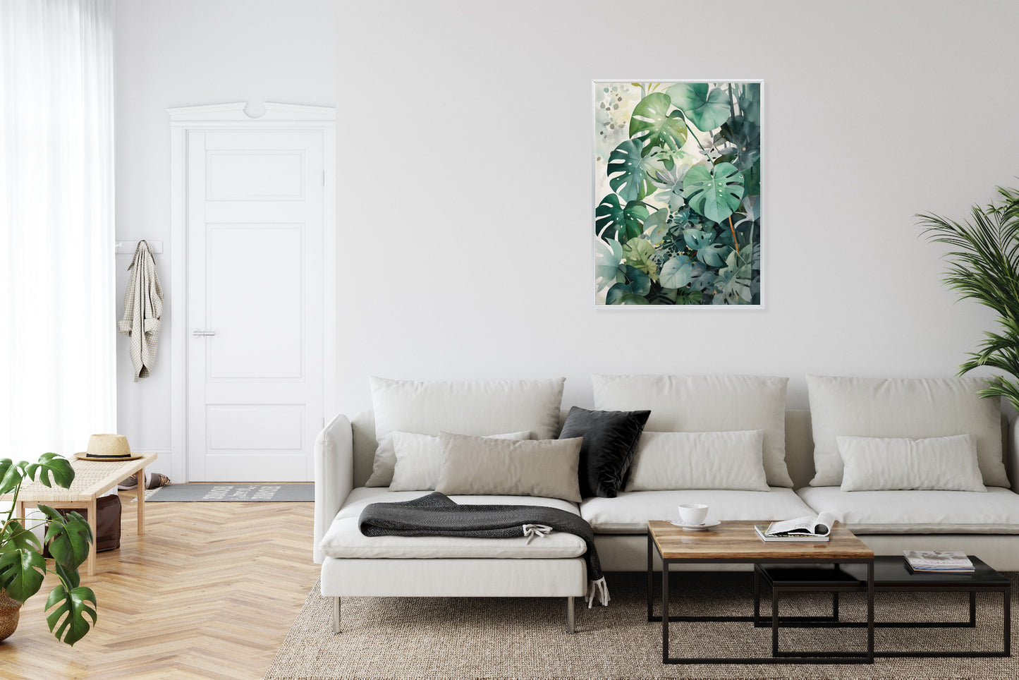 Poster Botanischer Grüner Monstera-Hintergrund Rahmen Holz Mit Passepartout Farbe Natürlich