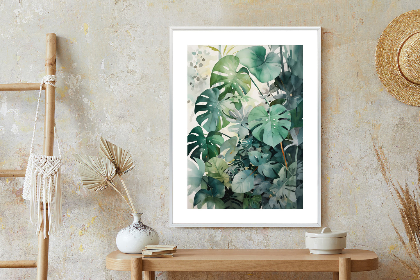 Poster Botanischer Grüner Monstera-Hintergrund Rahmen Holz Mit Passepartout Farbe Natürlich