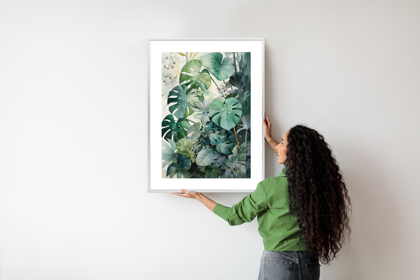 Poster Botanischer Grüner Monstera-Hintergrund Rahmen Holz Mit Passepartout Farbe Natürlich